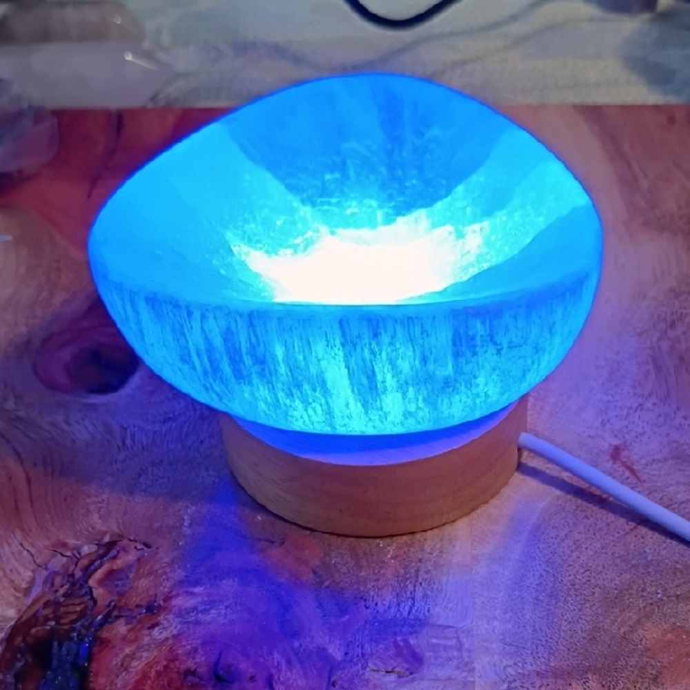 Blue Himalayan Salt Lamp Bowl on Wooden Base